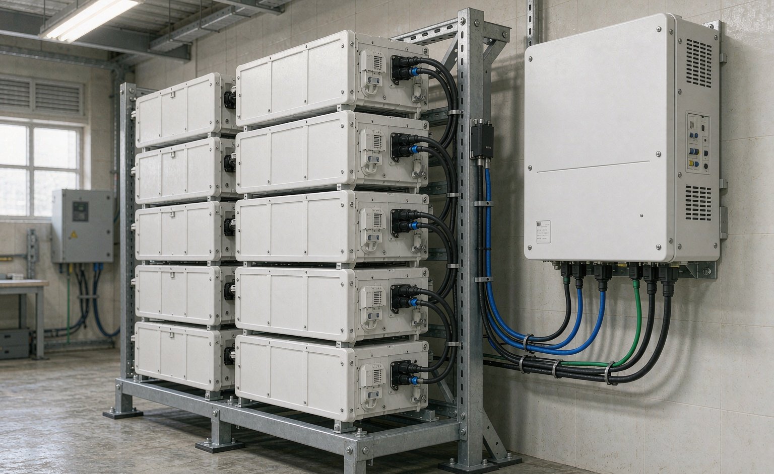 Tata letak pemasangan lemari baterai penyimpanan energi bertumpuk 20-40kWh dan mesin all-in-one inverter-kontroler 16kW