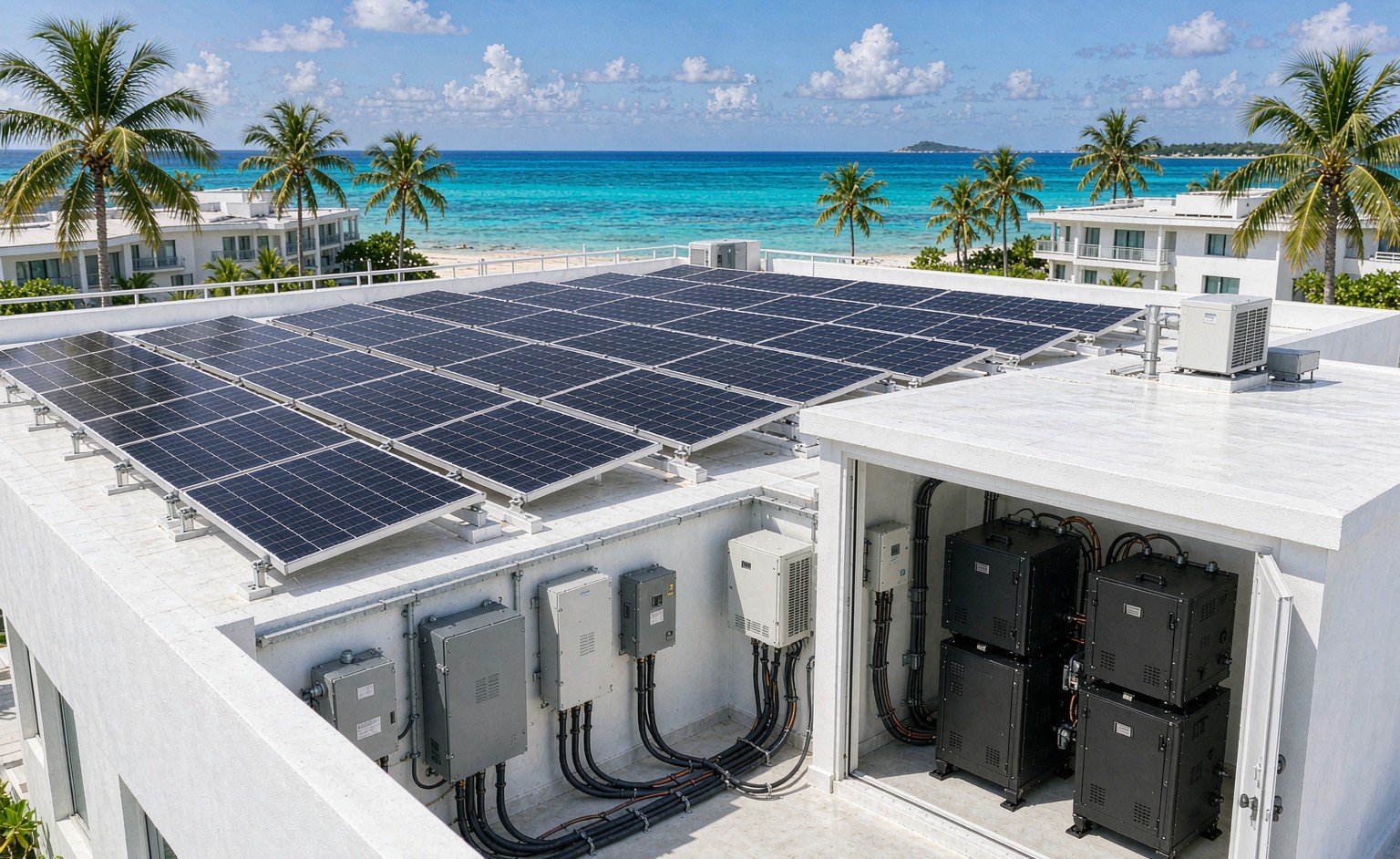  Roof mounted photovoltaic and stacked energy storage system room at Philippine island resort 